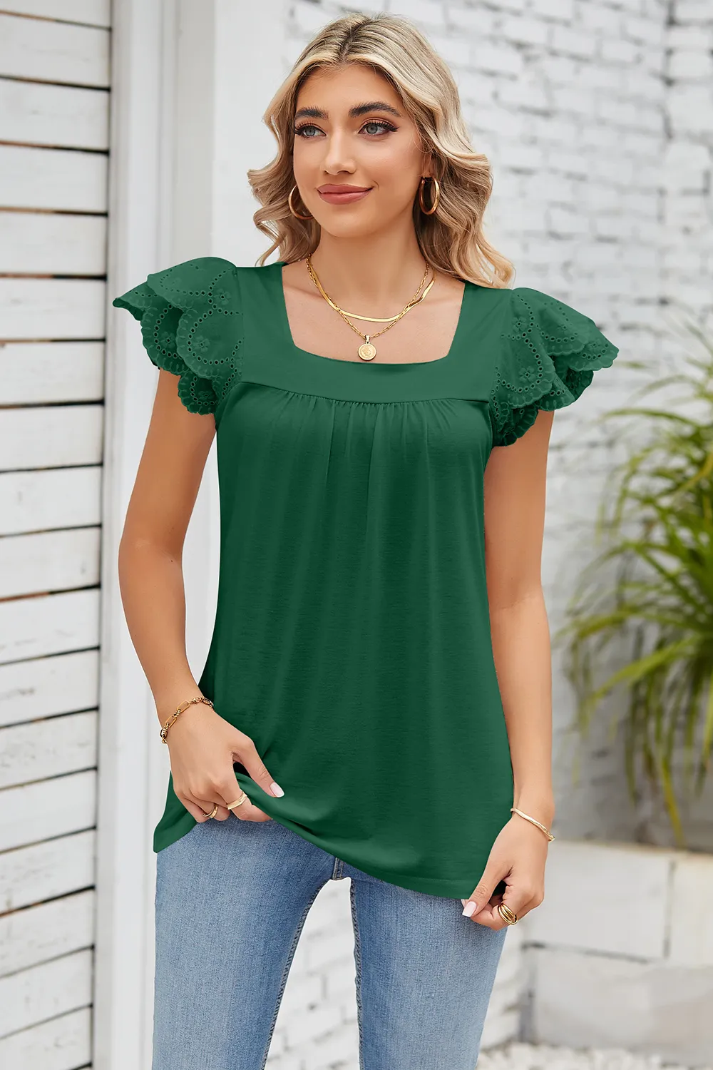 Eyelet Square Neck Cap Sleeve Blouse, image 6