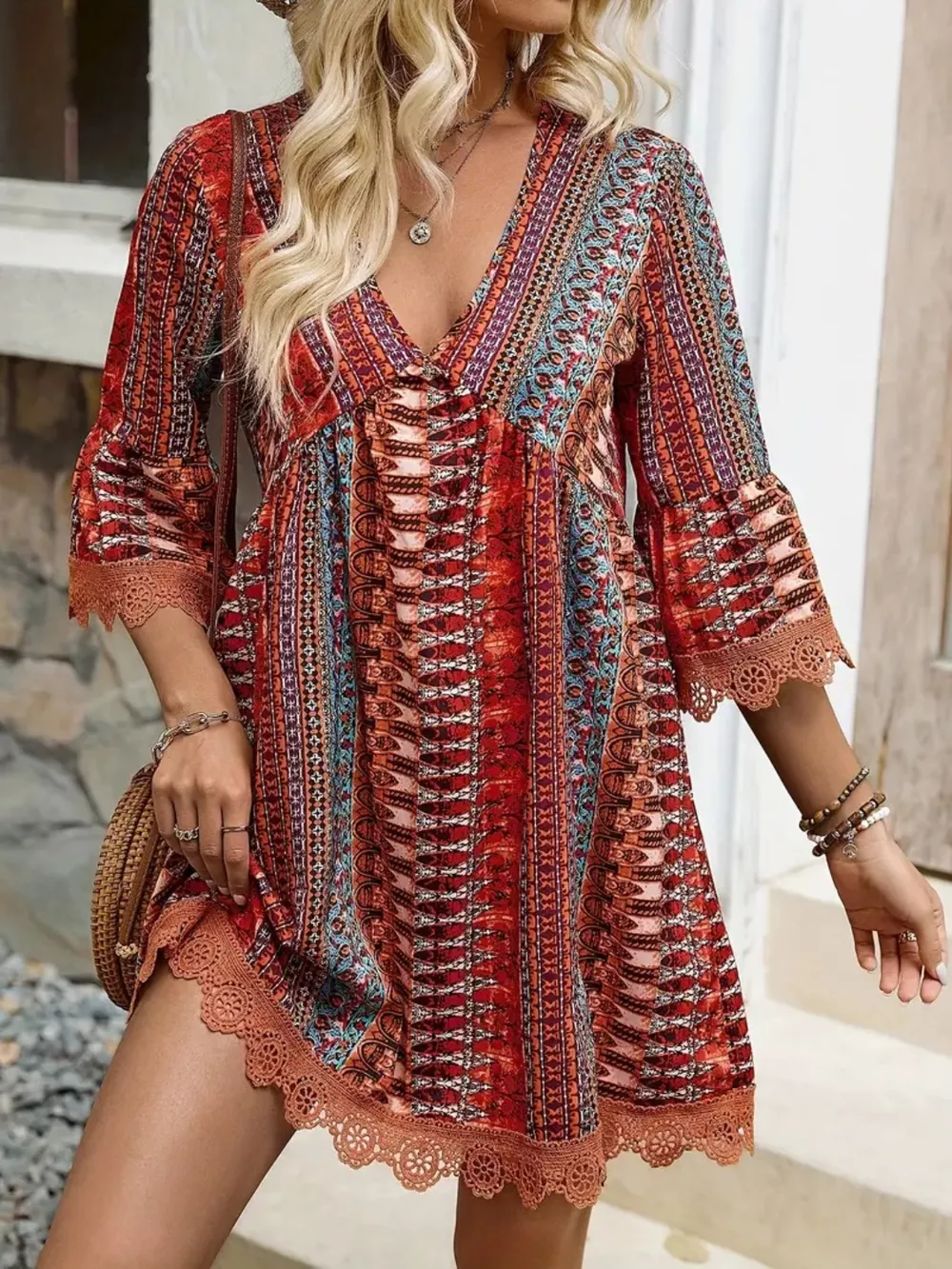 Lace Trim Printed V-Neck 3/4 Sleeve Dress, image 8