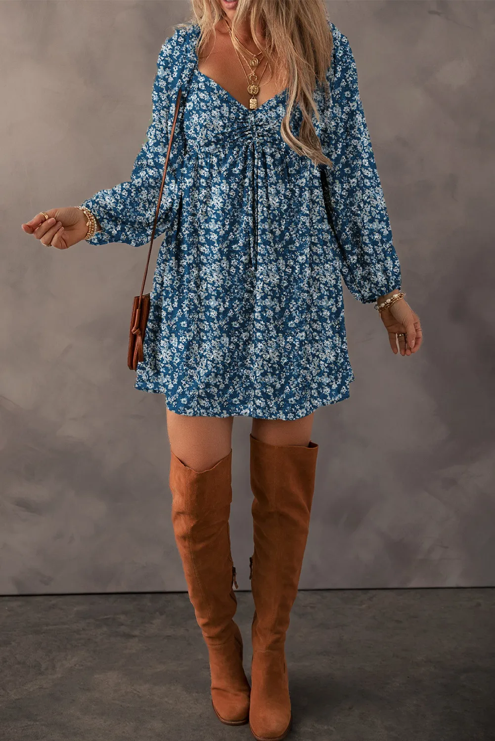 Ruched Printed Long Sleeve Mini Dress, image 8