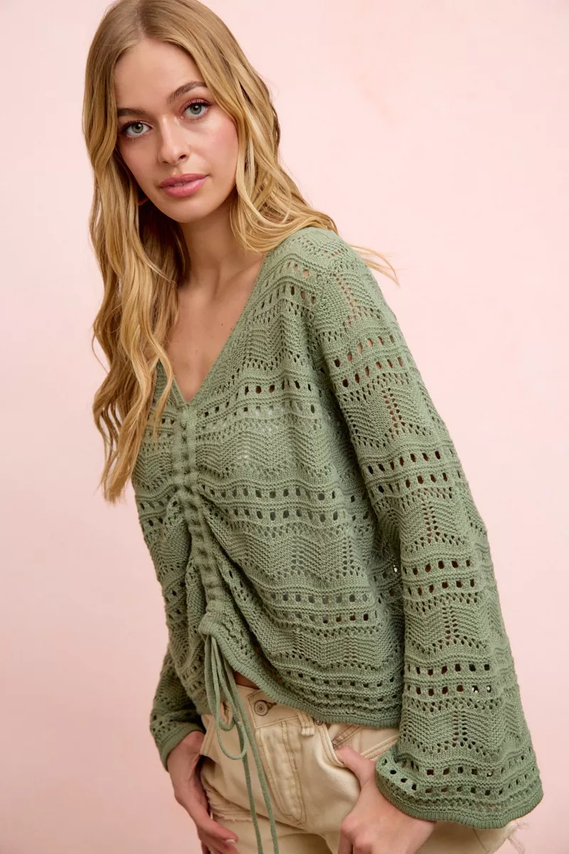 Pointelle Knit V Neck Ruched Front Lightweight Top, image 12
