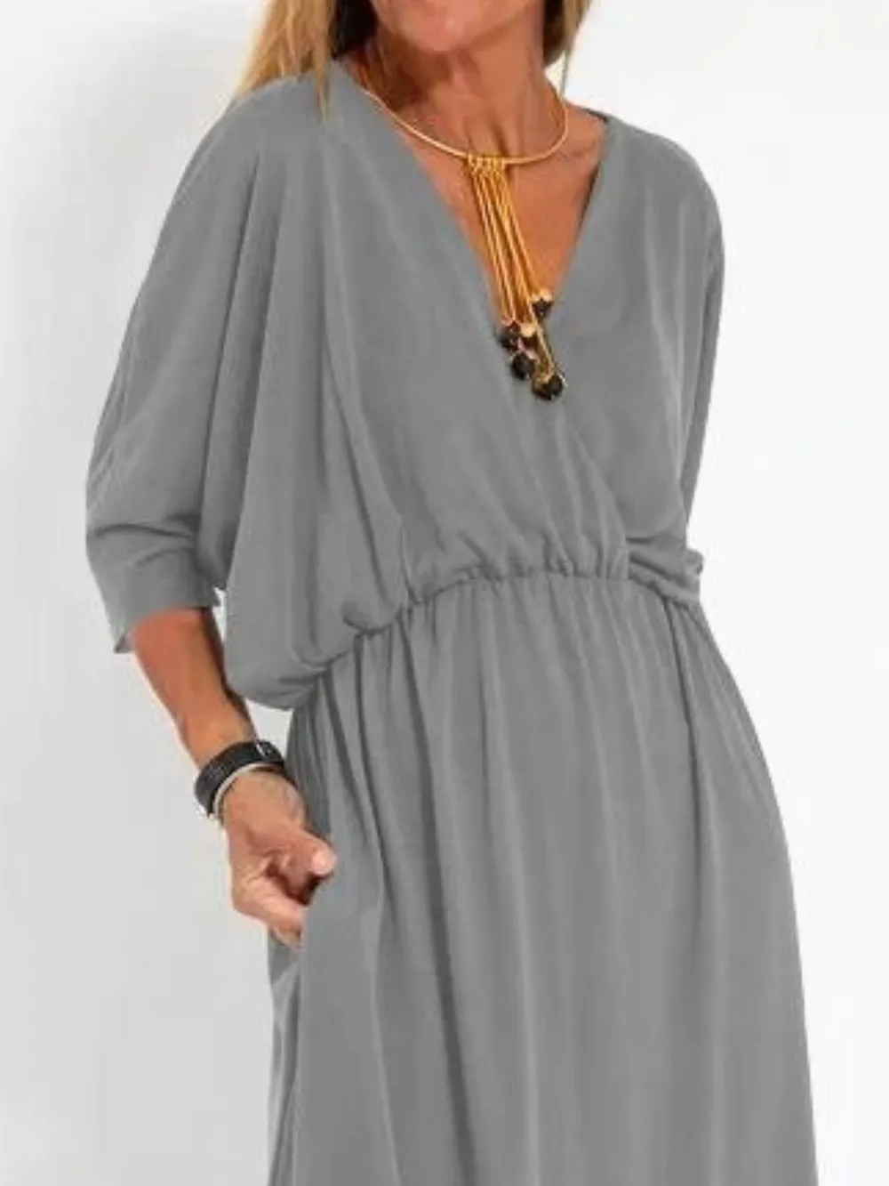 Full Size V-Neck Batwing Sleeve Maxi Dress with Side Slits Plus Size, image 12