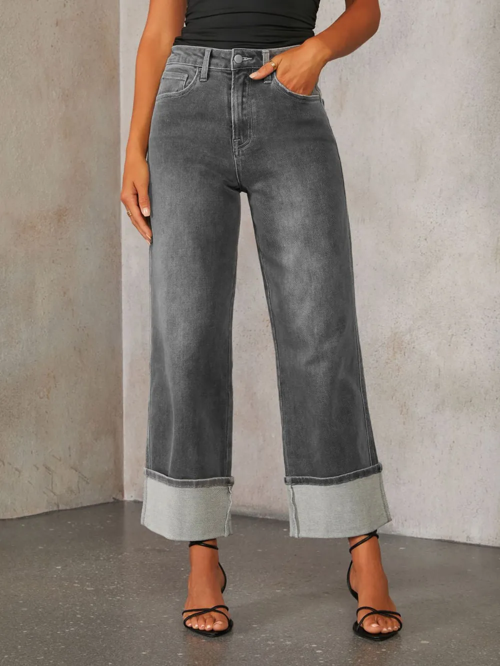 High Waisted Straight Leg Rolled Jeans, image 12