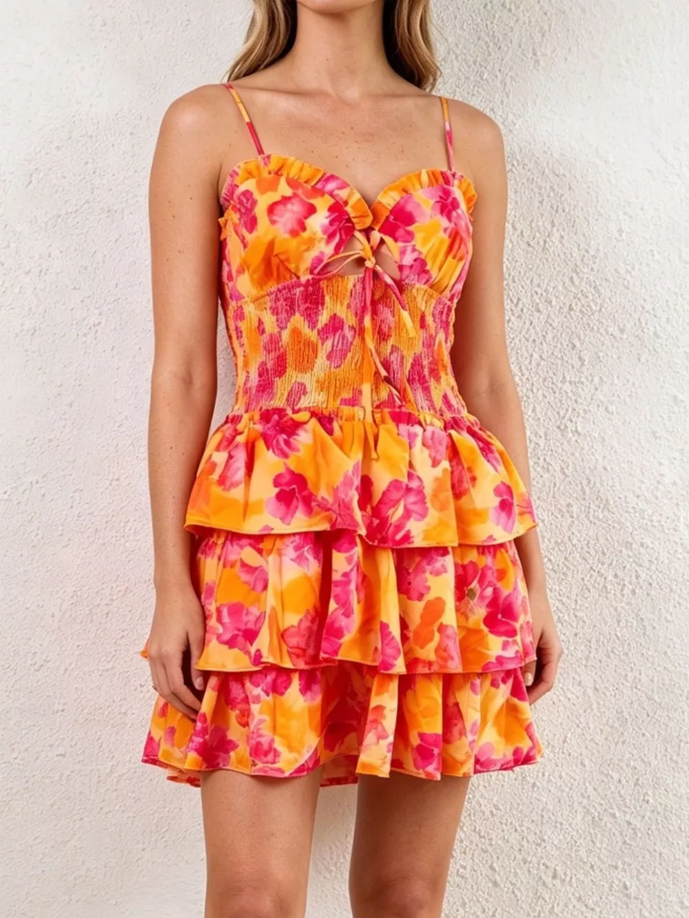 Cutout Floral Print Ruffle Layered Mini Dress, image 2