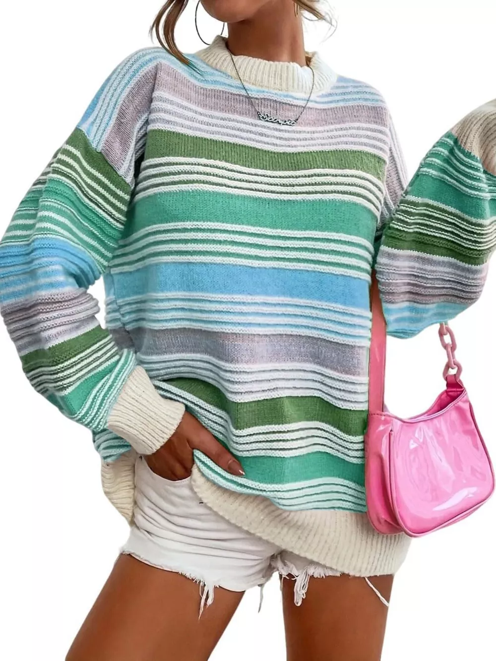 Rainbow Striped Drop Shoulder Oversized Sweater, image 15