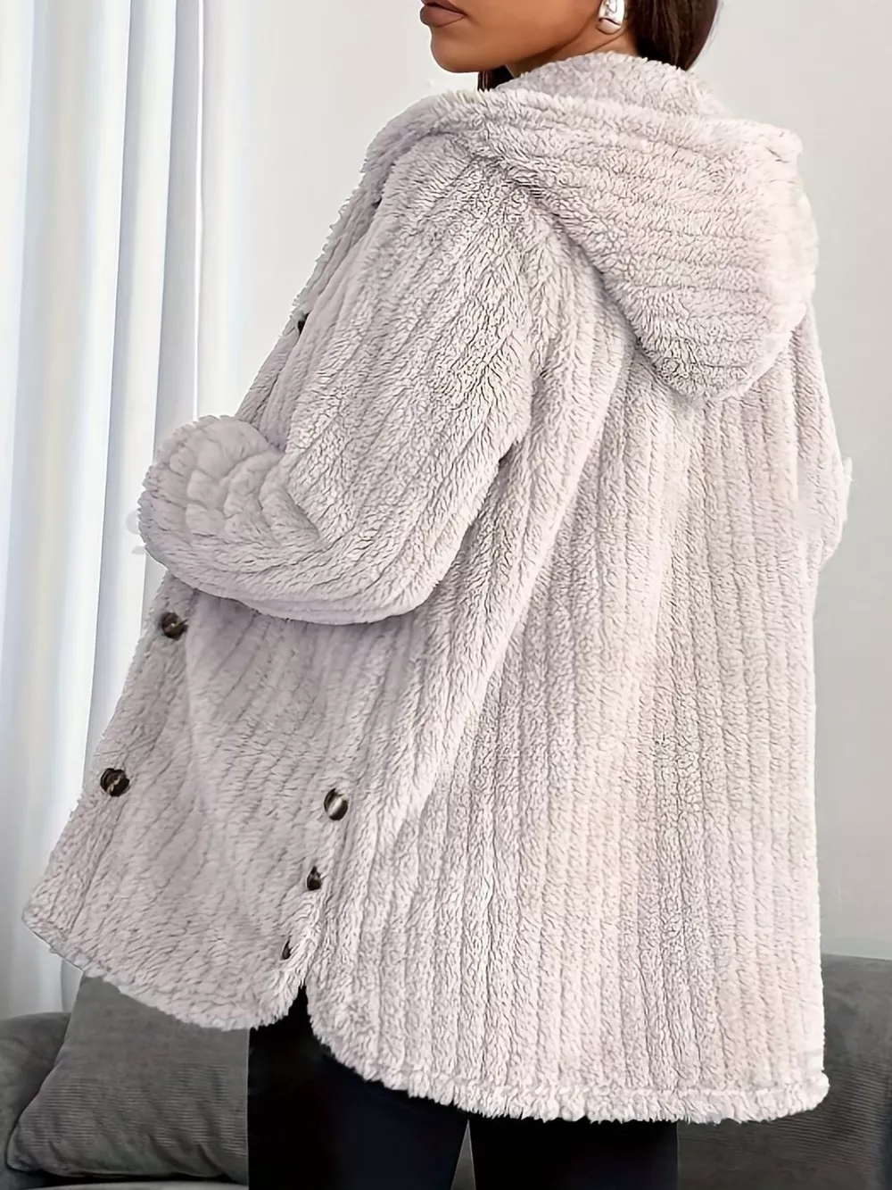 Full Size Fleece Button Up Hooded Outerwear Plus Size, image 4