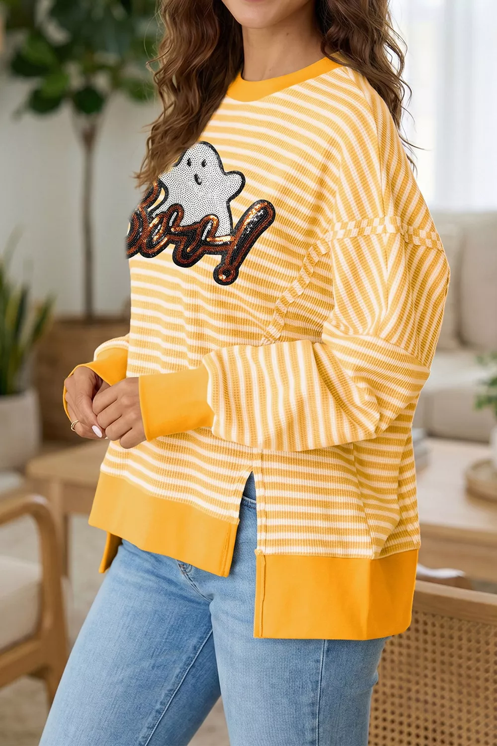 Stripe Boo Sequin Ghost Halloween Split Hem Long Sleeve Top, image 6