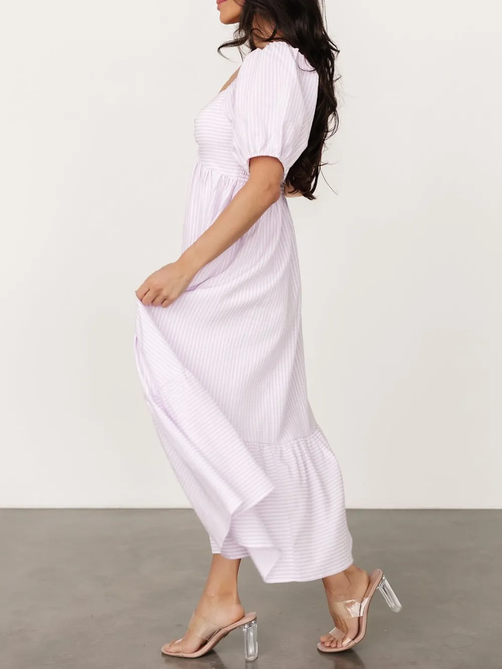 Striped Sweetheart Neck Puff Sleeve Midi Dress, image 8
