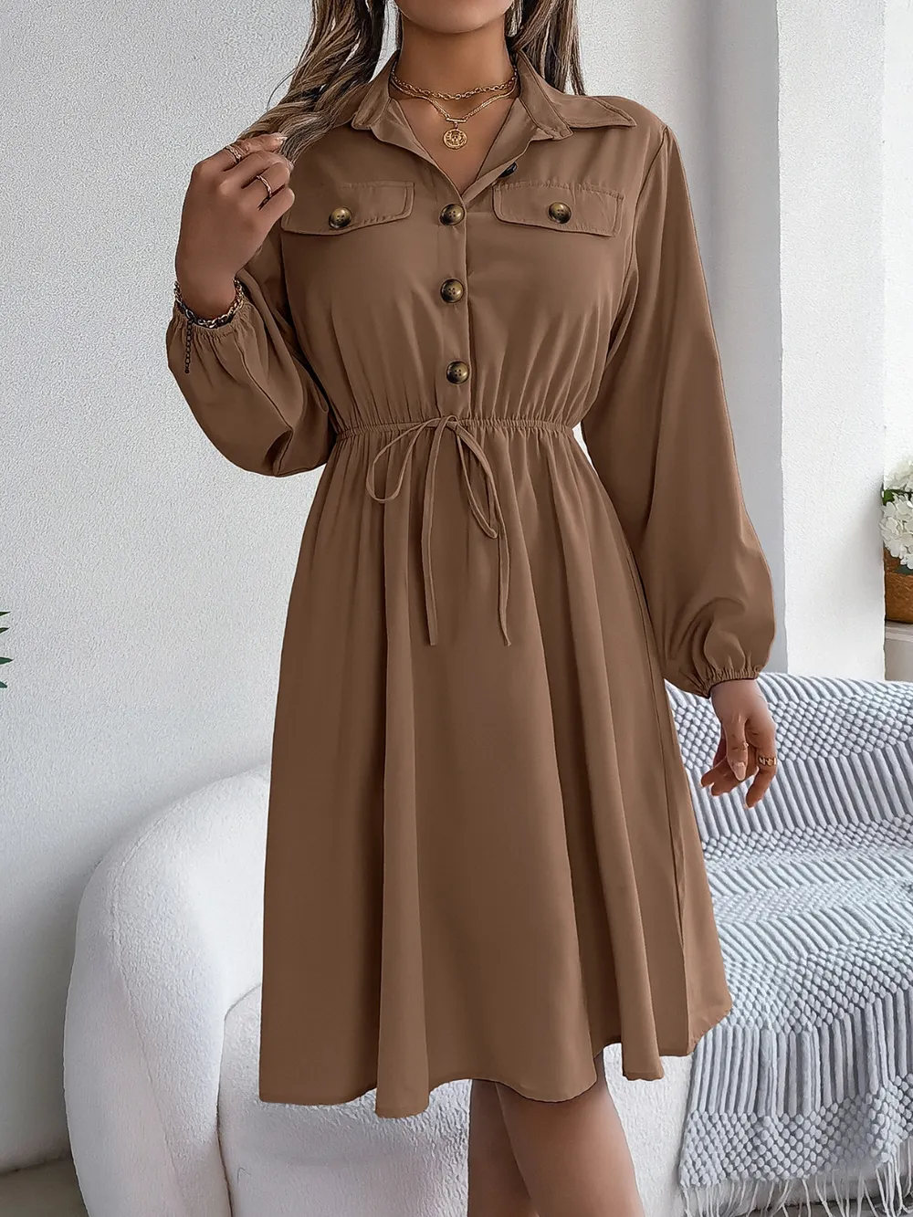 Collared Neck Long Sleeve Dress with Pockets, image 22
