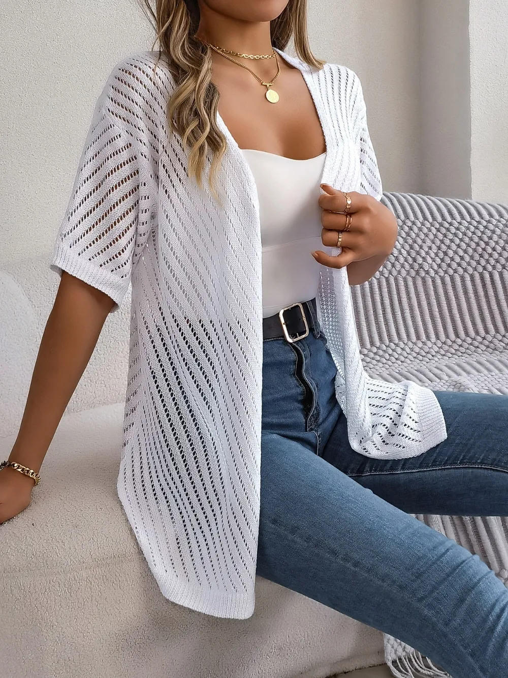 Openwork Open Front Half Sleeve Cardigan, image 7