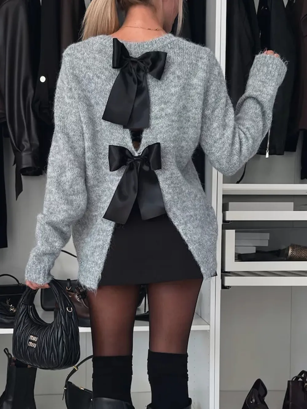 Bow Slit Back Round Neck Sweater, image 5