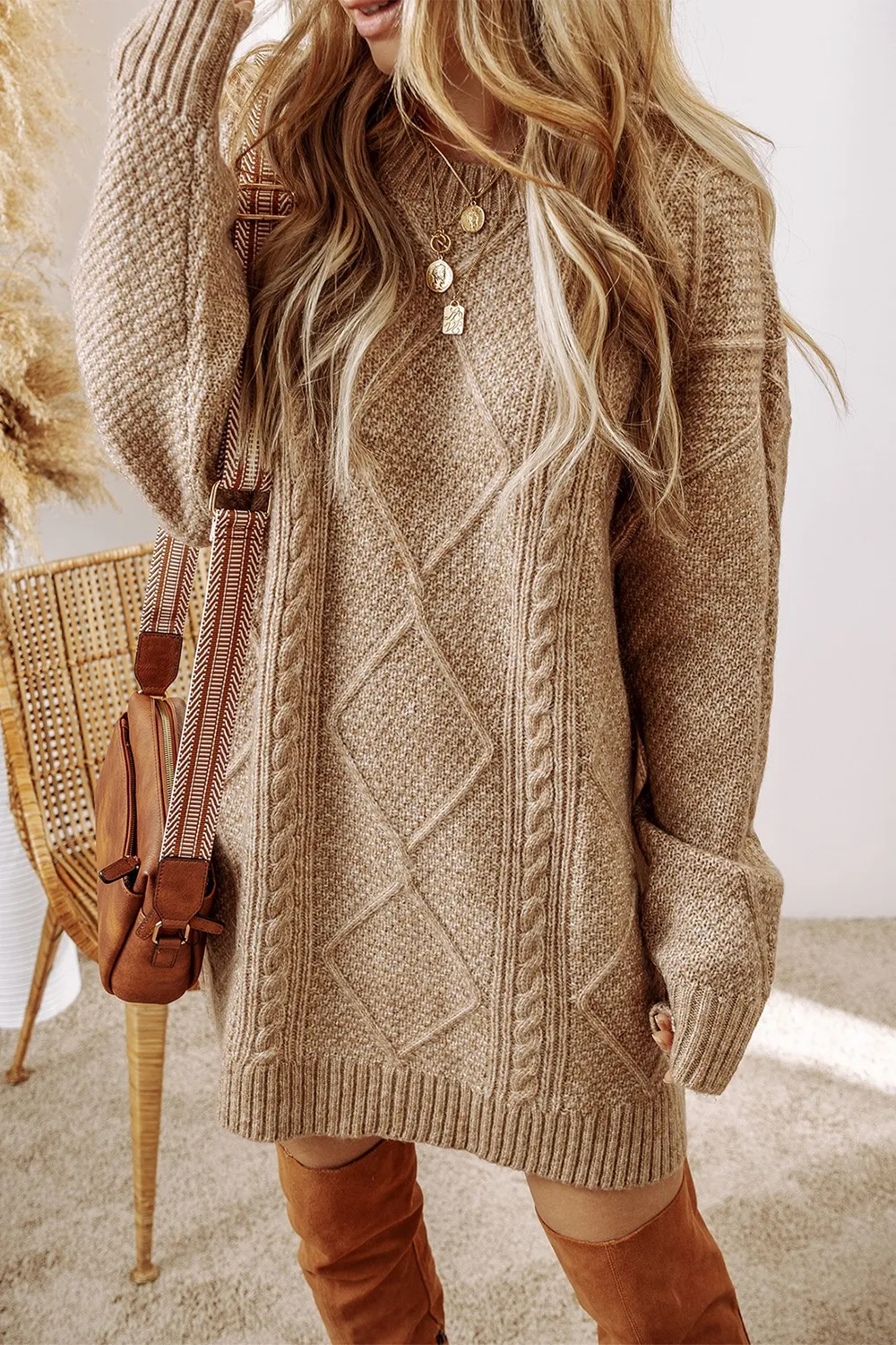 Cable-Knit Round Neck Sweater Dress, image 11