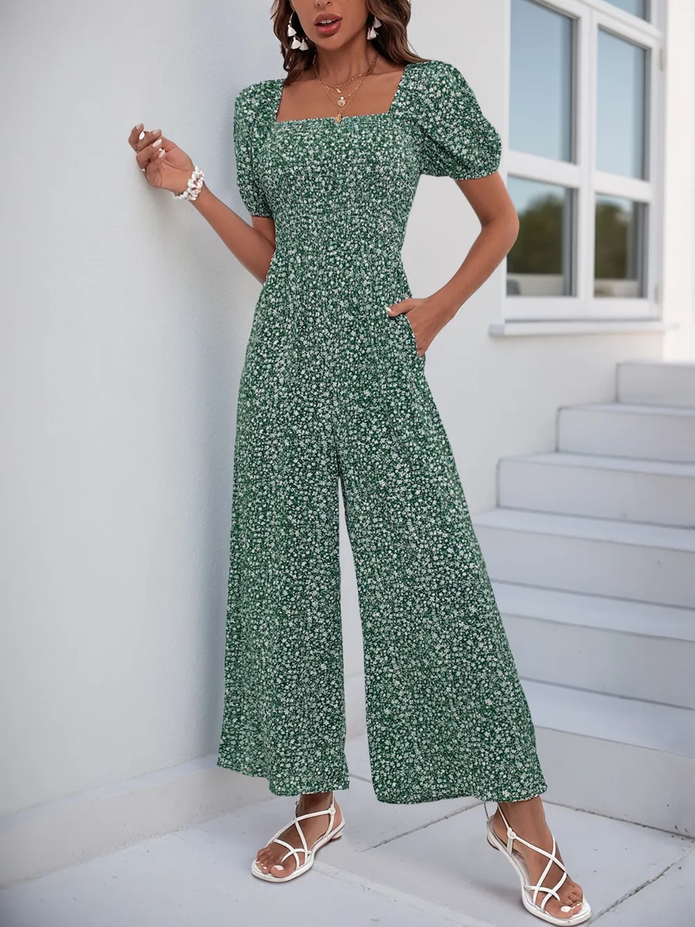 Printed Square Neck Puff Sleeve Jumpsuit, image 28