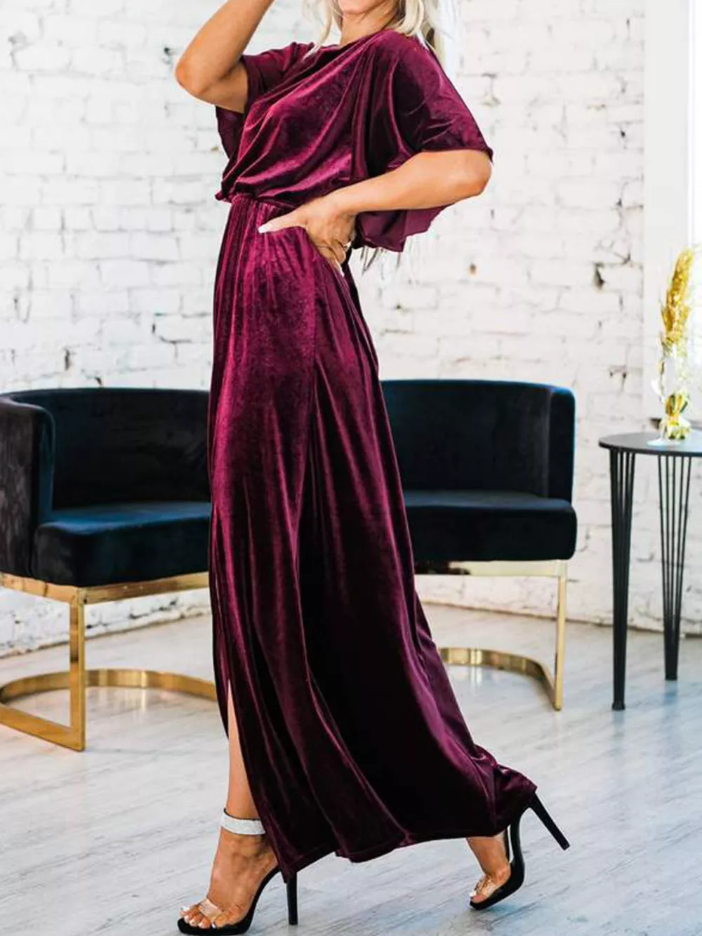 Slit Round Neck Flutter Sleeve Velvet Maxi Dress, image 9