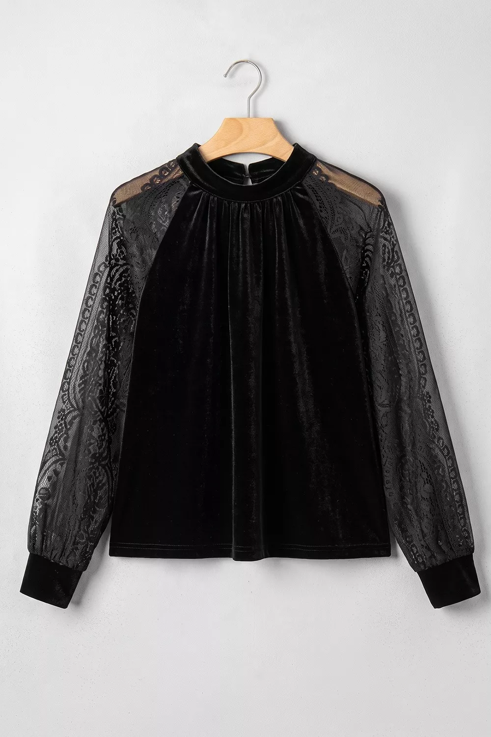 Solid Color Sheer Lace Long Sleeve Patchwork Stand Neck Velvet Blouse, image 8