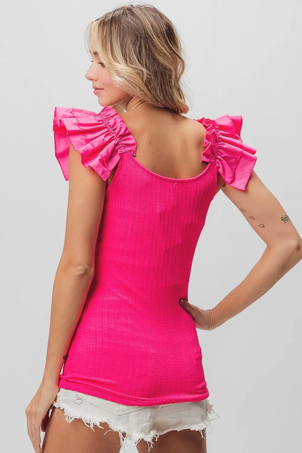 Ruffled Shoulder Strap Rib Texture Top, image 2