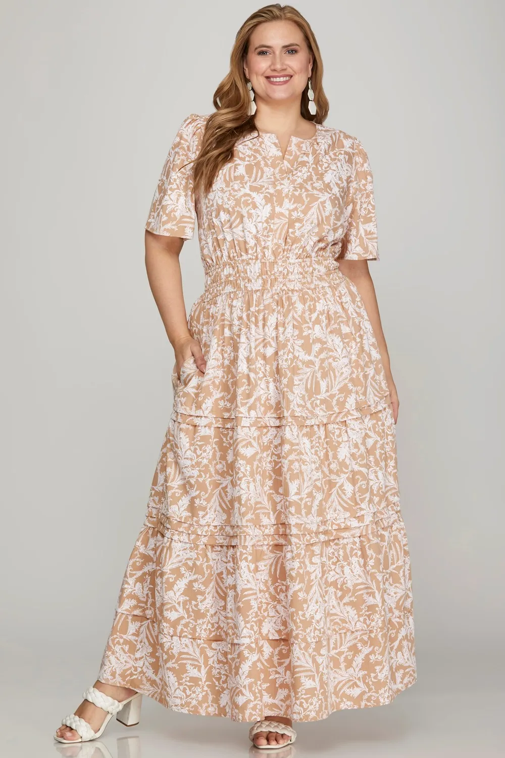 Printed Notched Woven Tiered Pintuck Maxi Dress with Side Pockets, image 3