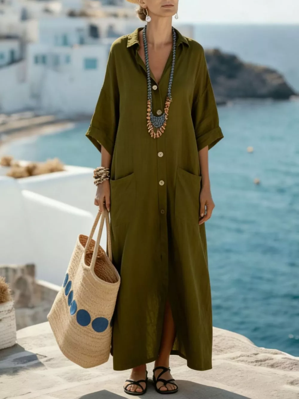 Button Front 3/4 Sleeve Maxi Dress, image 4