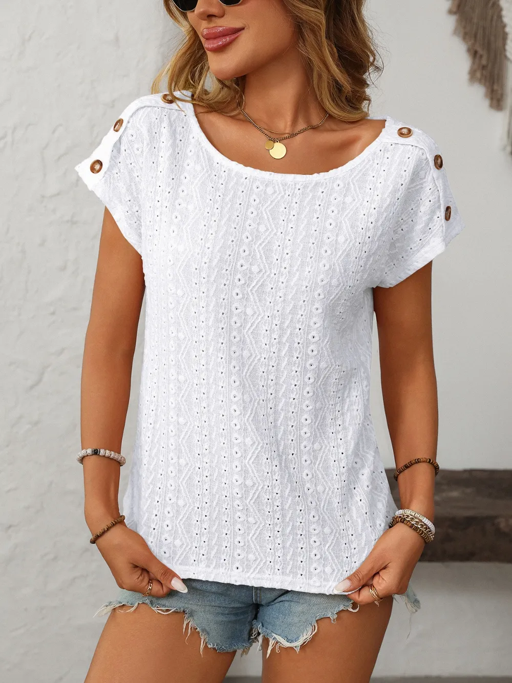Eyelet Round Neck Short Sleeve Top, image 6