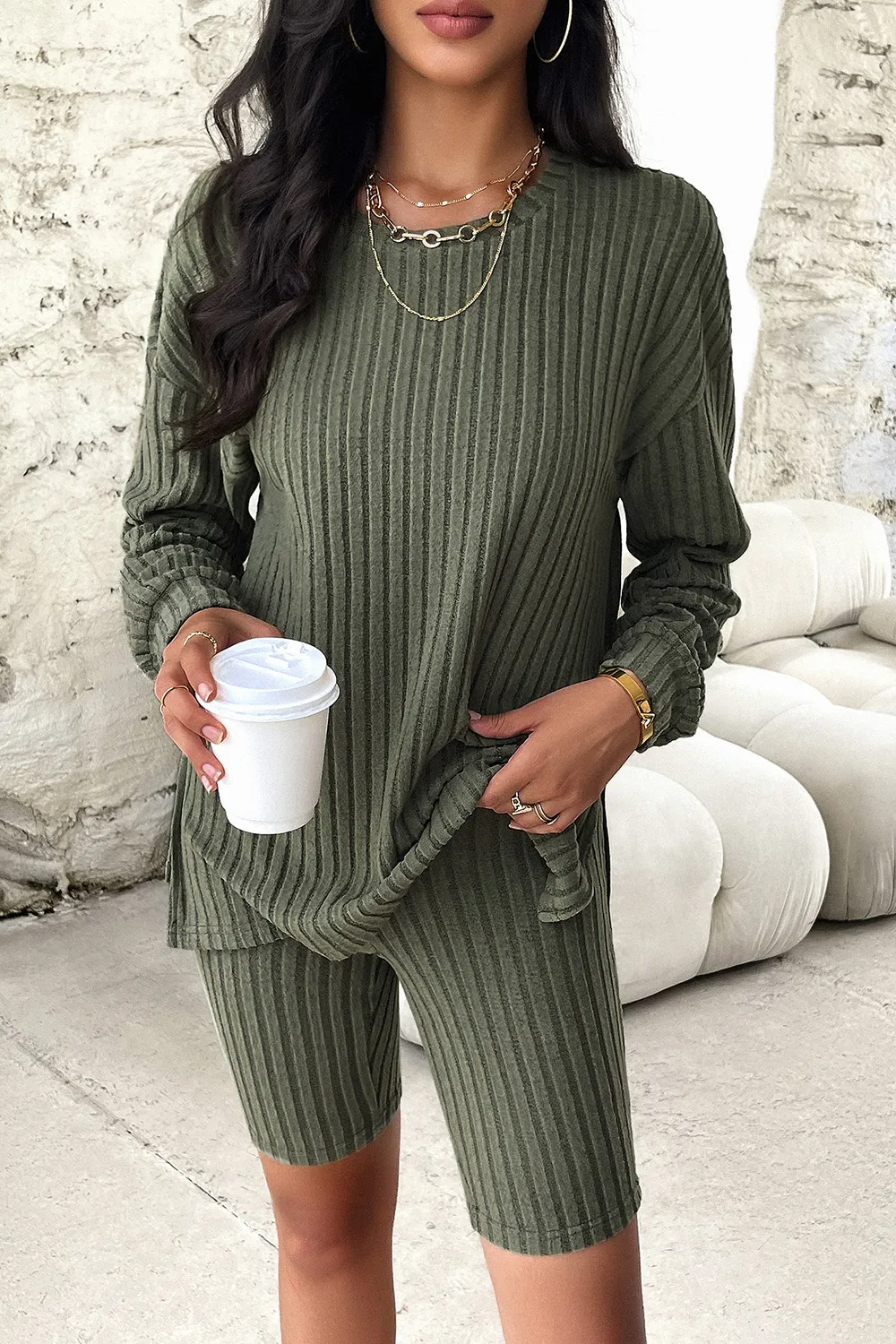 Ribbed Round Neck Dropped Shoulder Top and Shorts Set, image 10