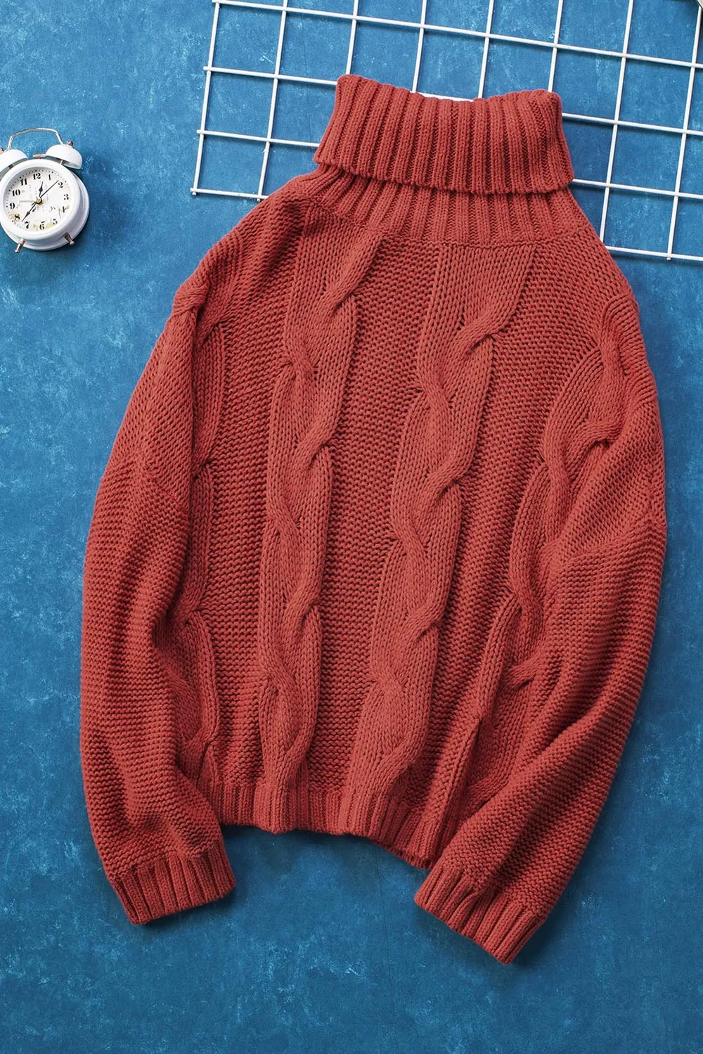 Cable-Knit Turtleneck Dropped Shoulder Sweater, image 3