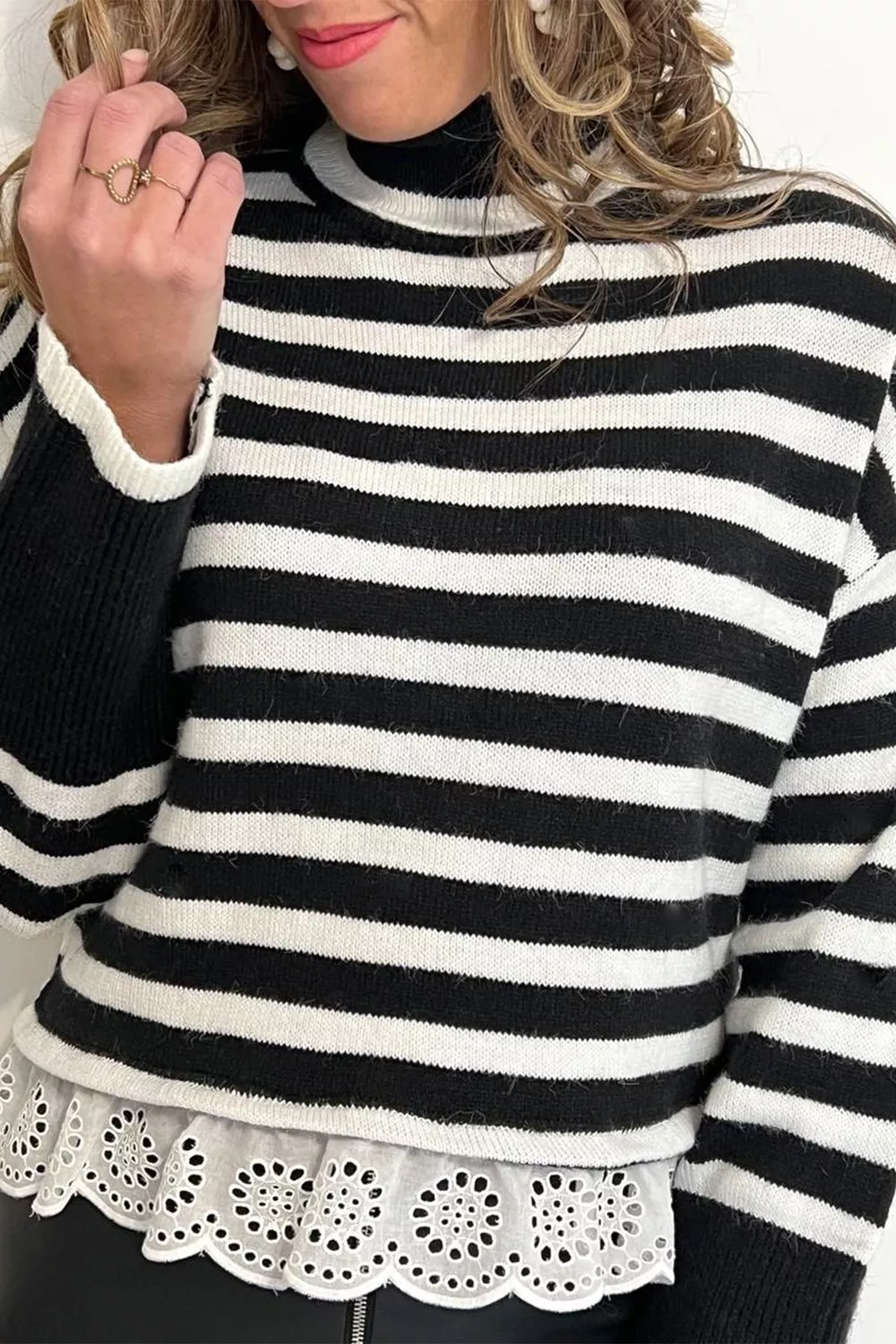 Striped High Neck Contrast Ruffle Detail Casual Sweater, image 4