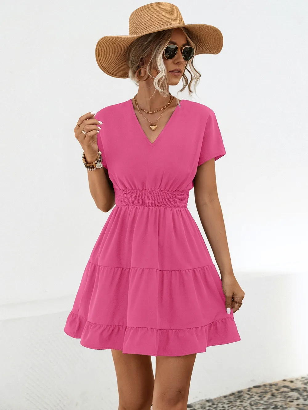 Ruffled Smocked V-Neck Tiered Dress, image 10
