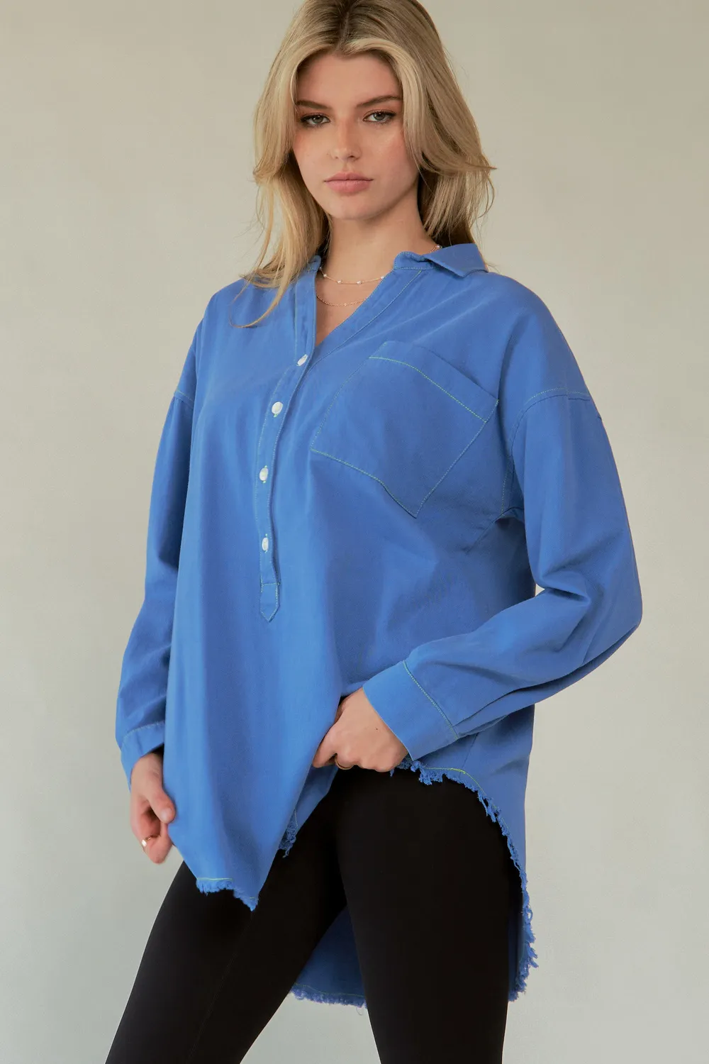 Letter Back Raw Hem Half Button Shirt, image 6