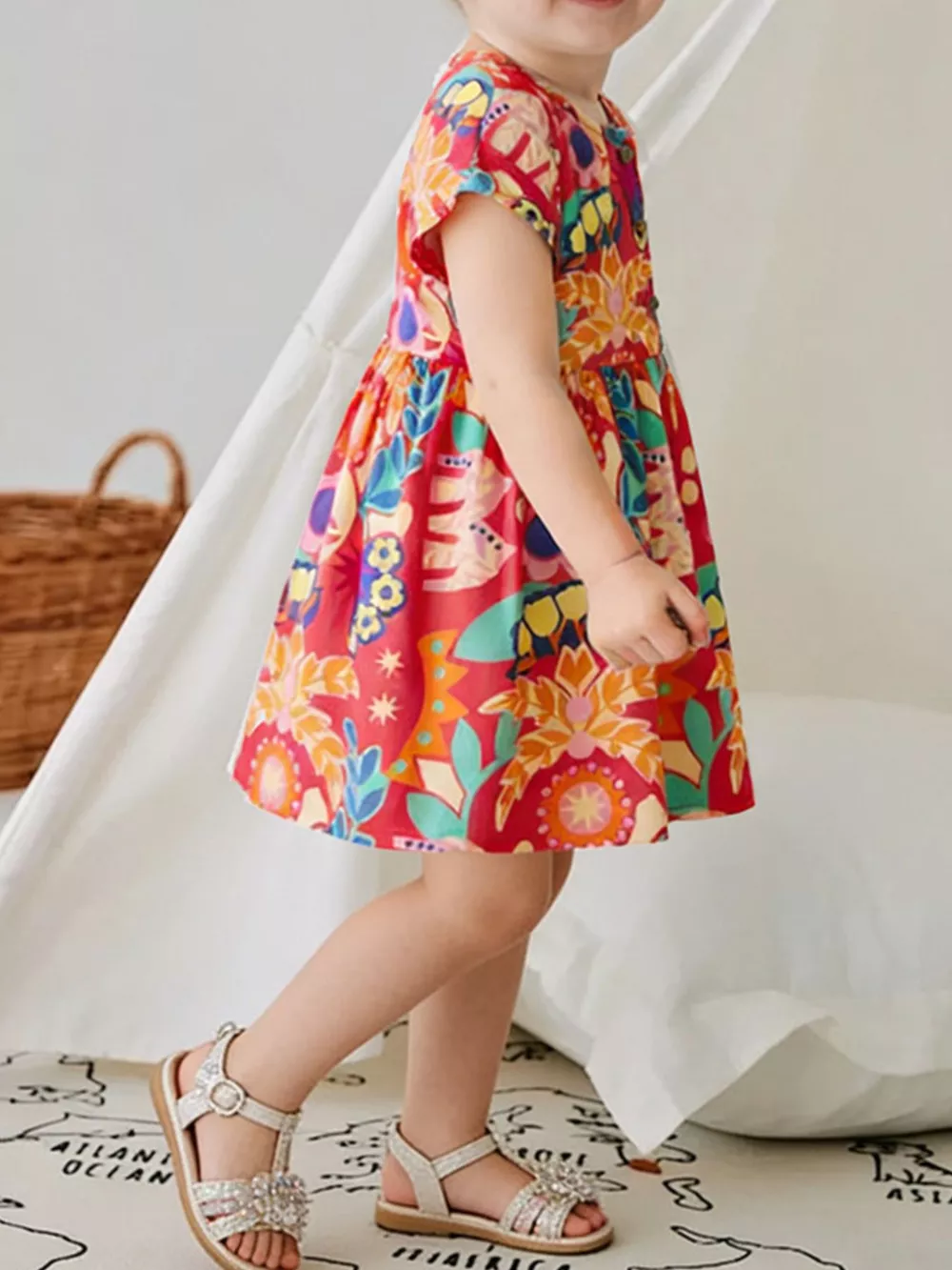 Children's Floral Print Button Detail Casual Dress