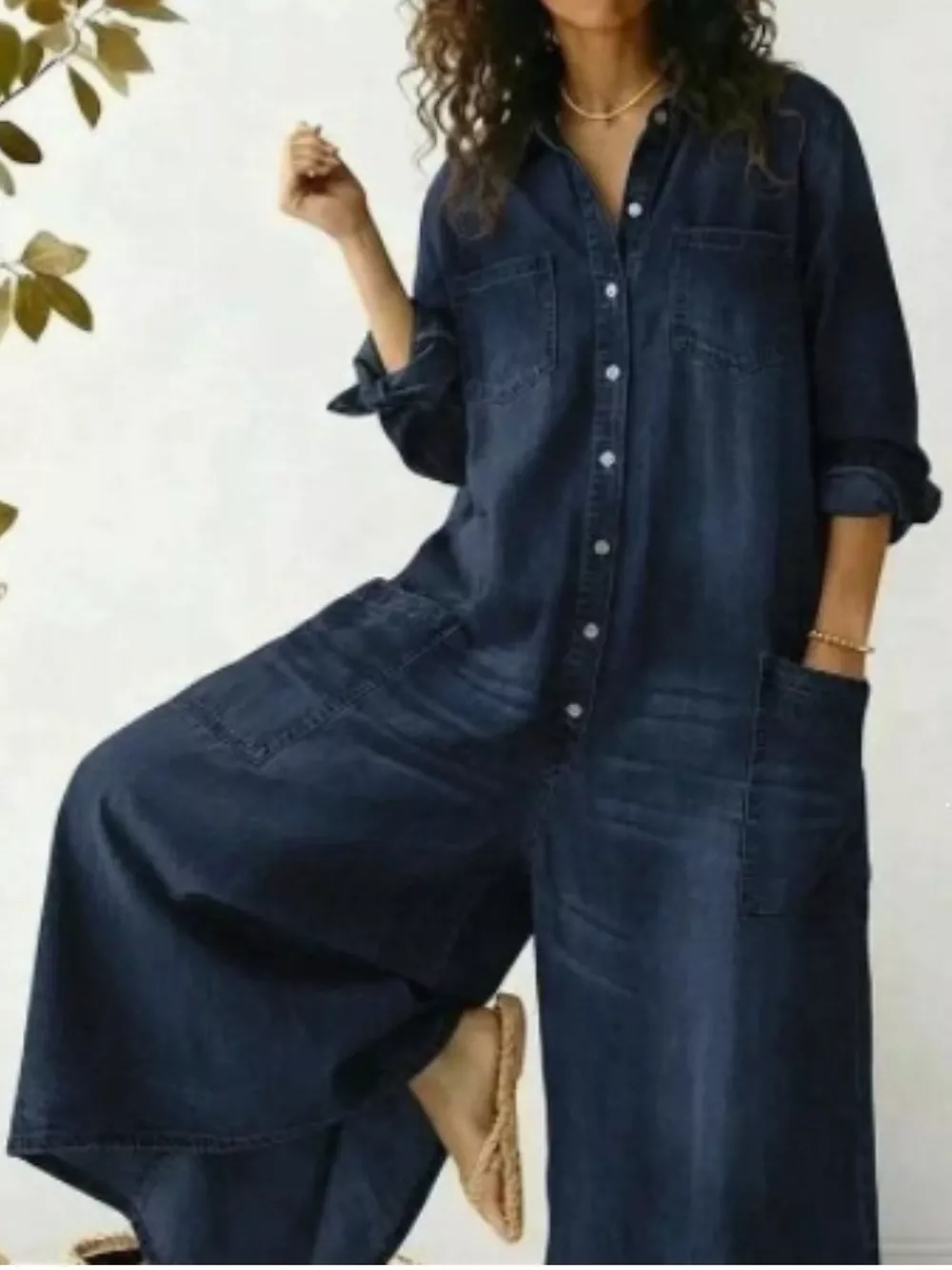 Full Size Button Front Wide Leg Jumpsuit with Chest Pockets Plus Size, image 4