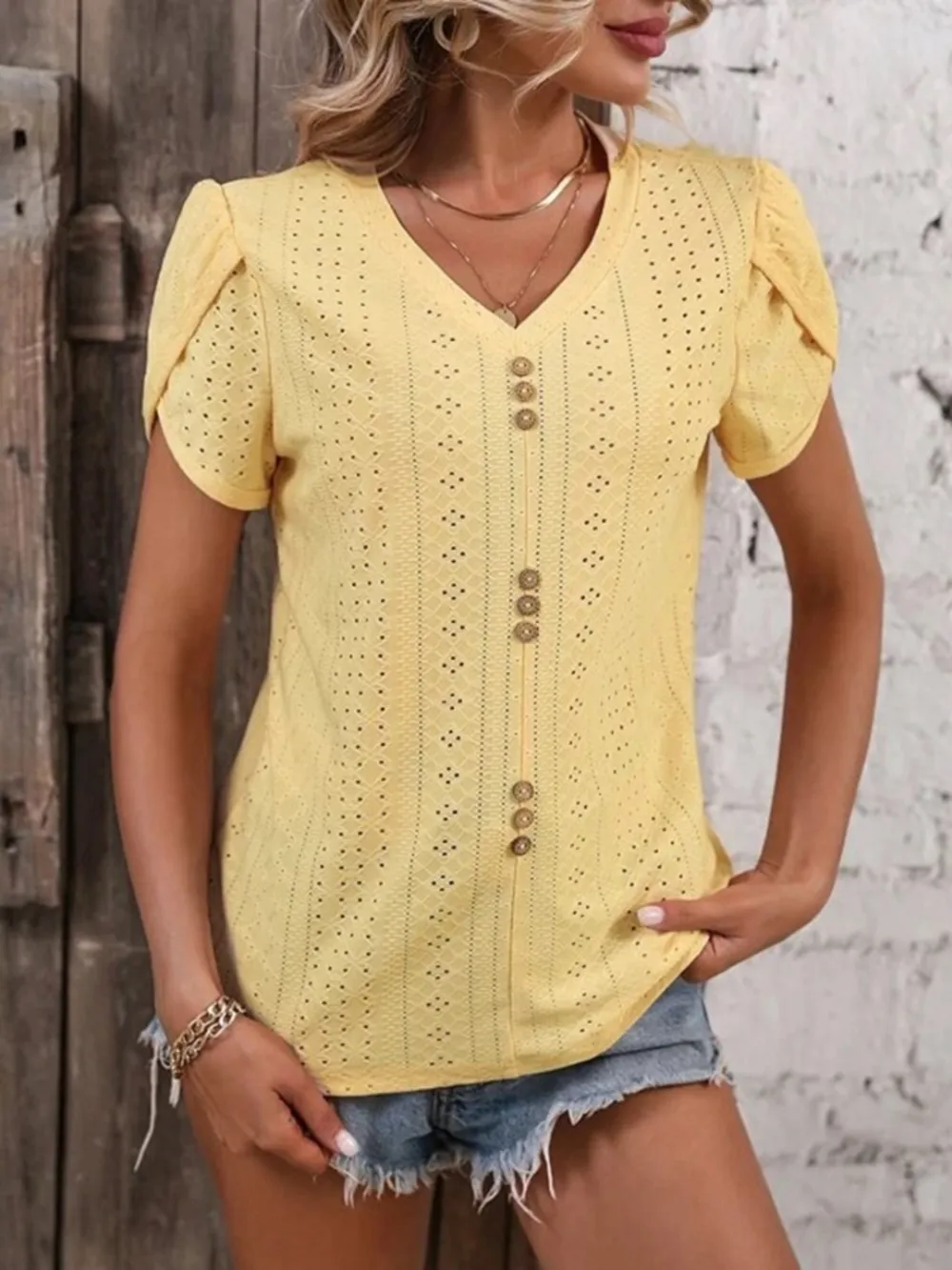 Eyelet V-Neck Petal Sleeve T-Shirt, image 17