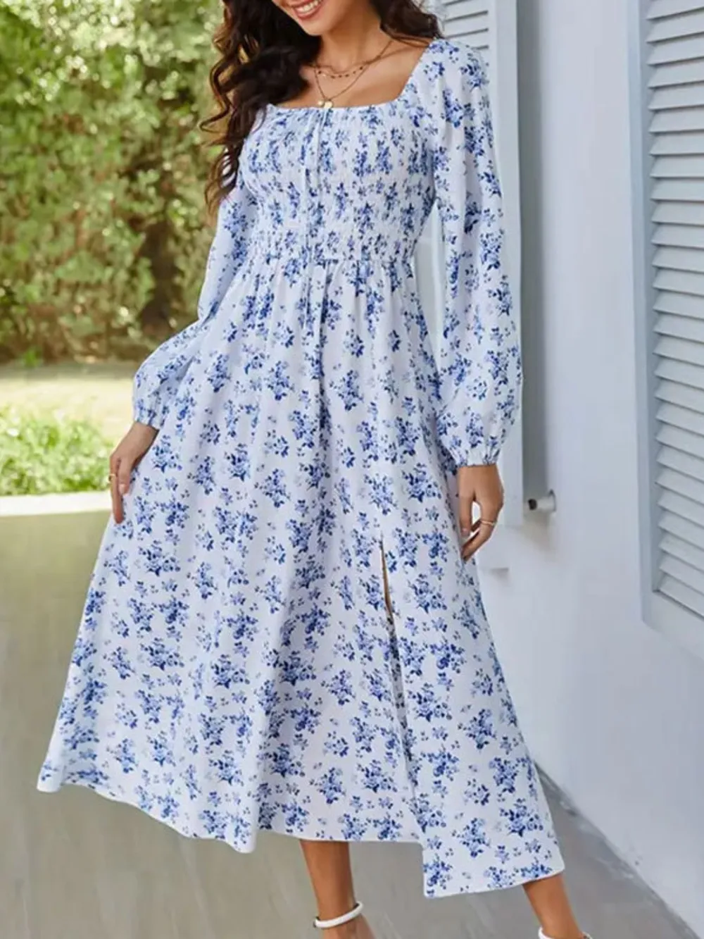 Slit Smocked Floral Square Neck Balloon Sleeve Midi Dress, image 9
