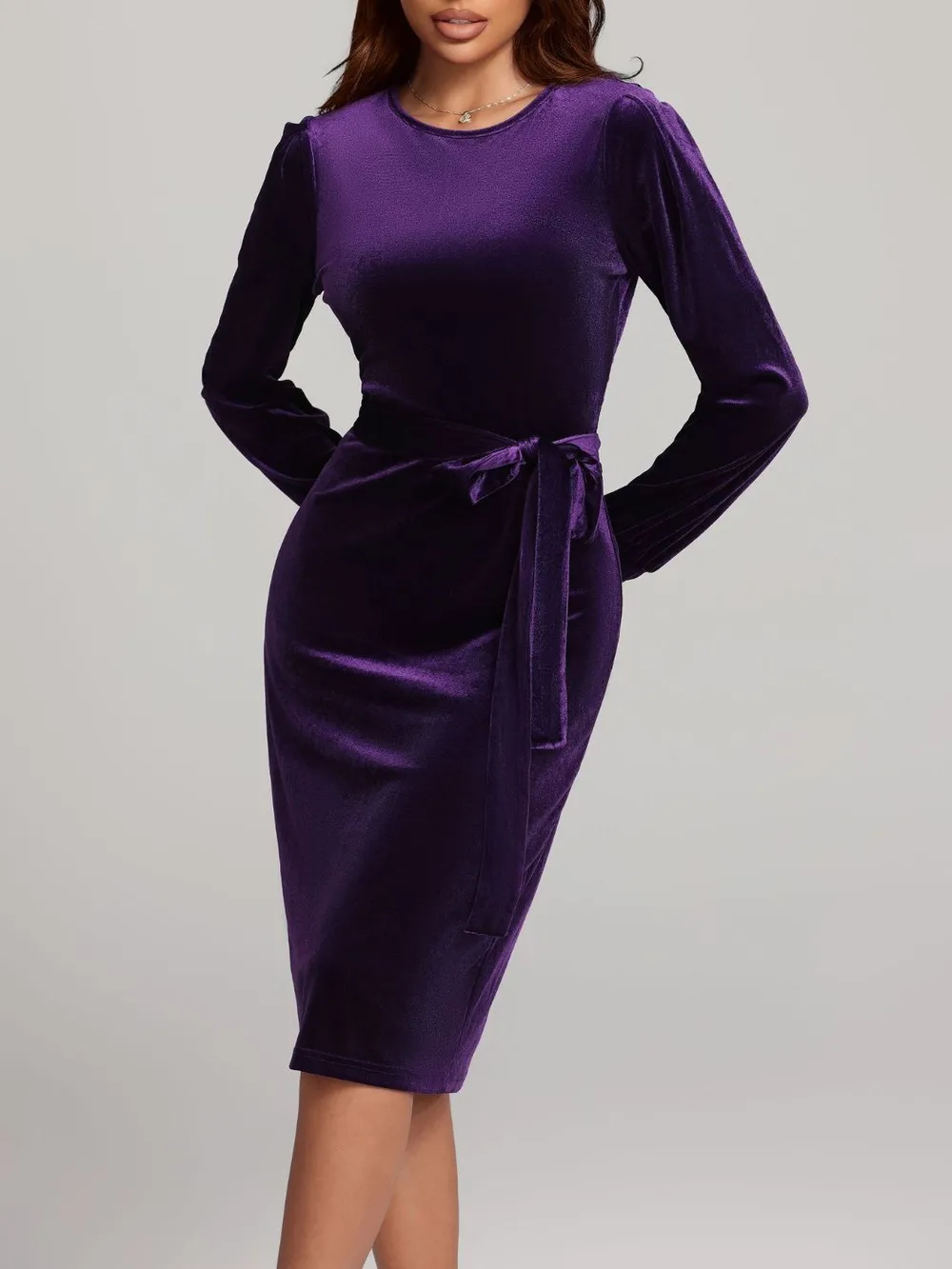 Round Neck Tie Waist Long Sleeve Velvet Dress, image 9