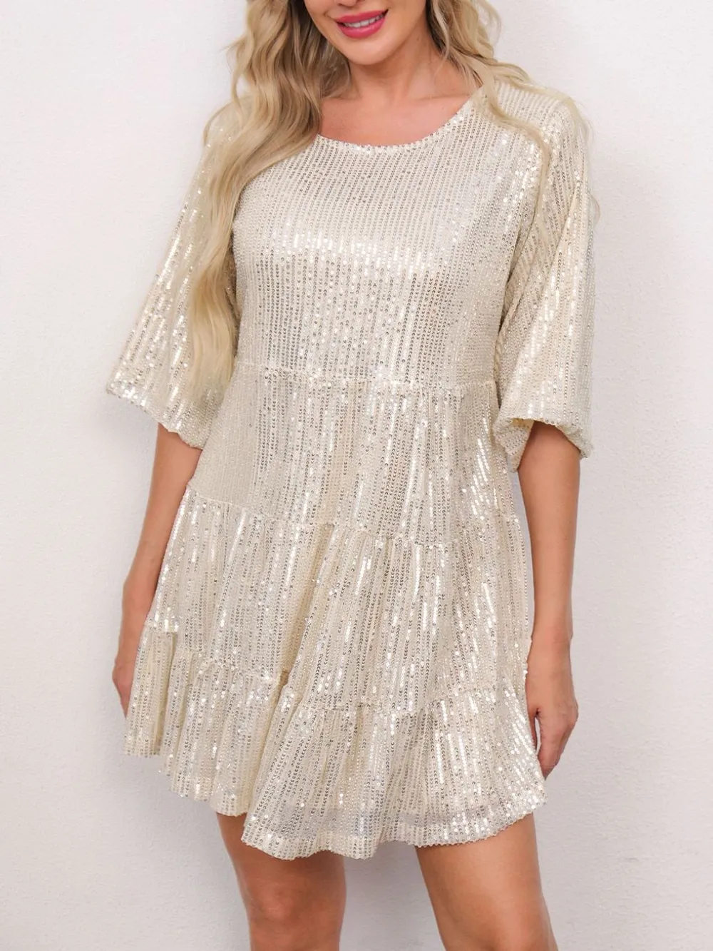 Sequin Round Neck Half Sleeve Mini Dress, image 21