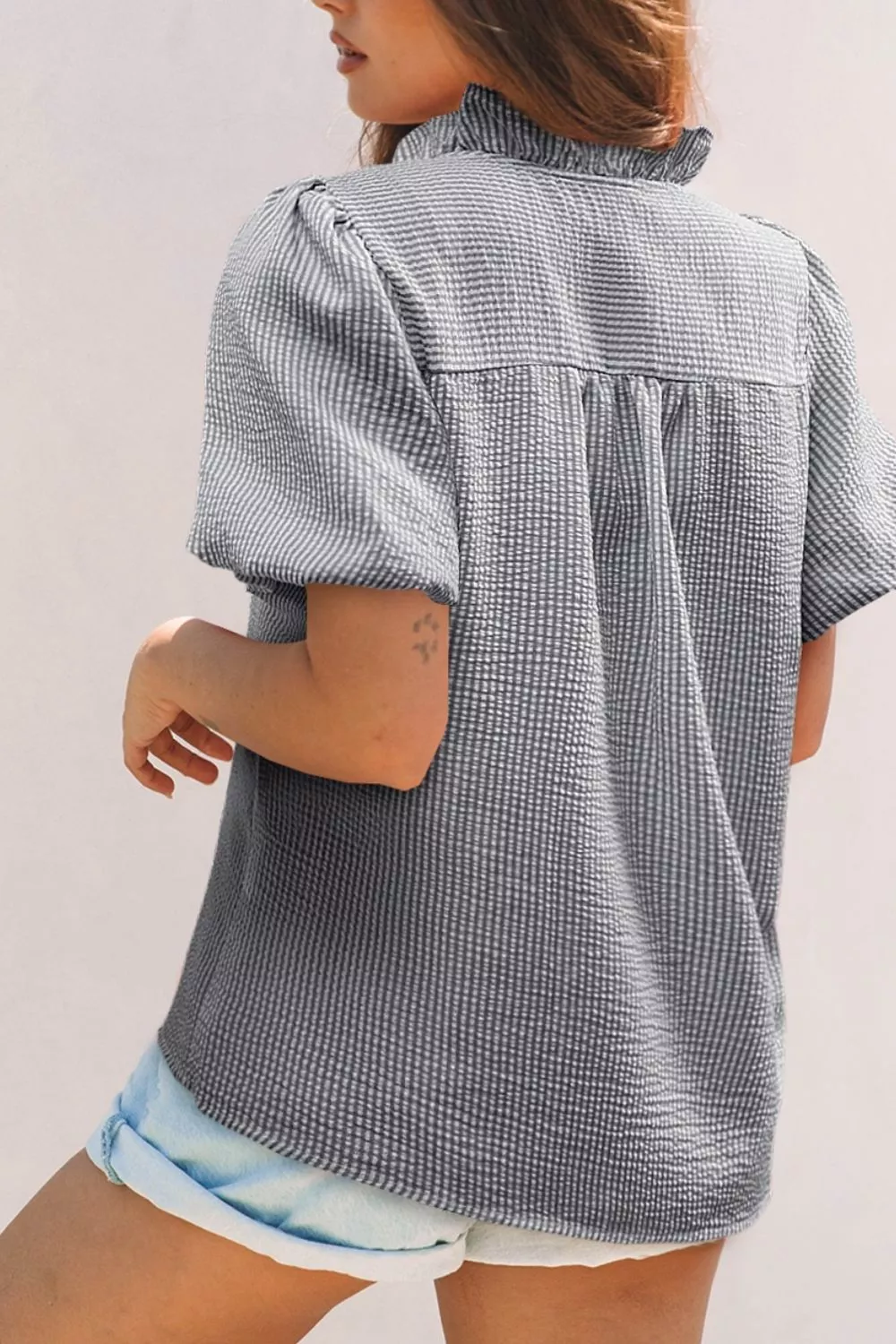 Striped Ruffle Short Bubble Sleeve Shirt, image 2