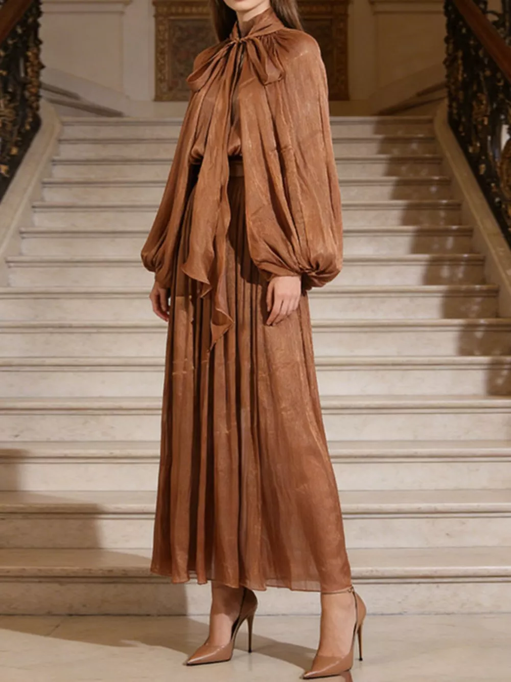 Tie Front Balloon Sleeve Midi Dress, image 4