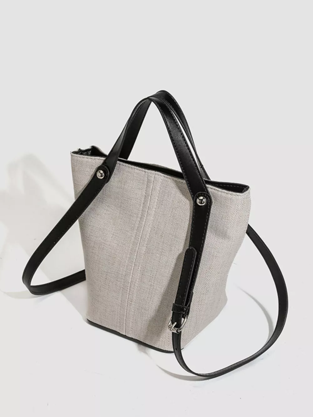 Canvas Bucket Handbag with Contrast Leather Straps, image 2