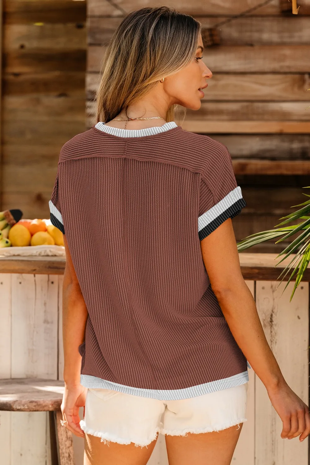 Color Block Round Neck Cap Sleeve T-Shirt, image 9