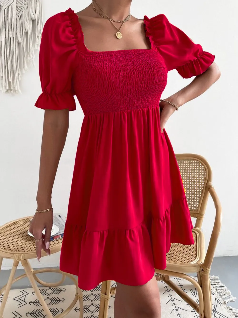Smocked Square Neck Short Sleeve Dress, image 10