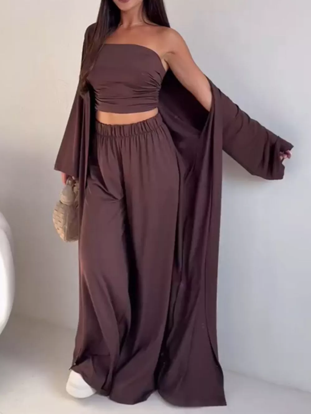 Chic Strapless Ruched Crop Top and Wide-Leg Pants with Cardigan 3-Piece Set