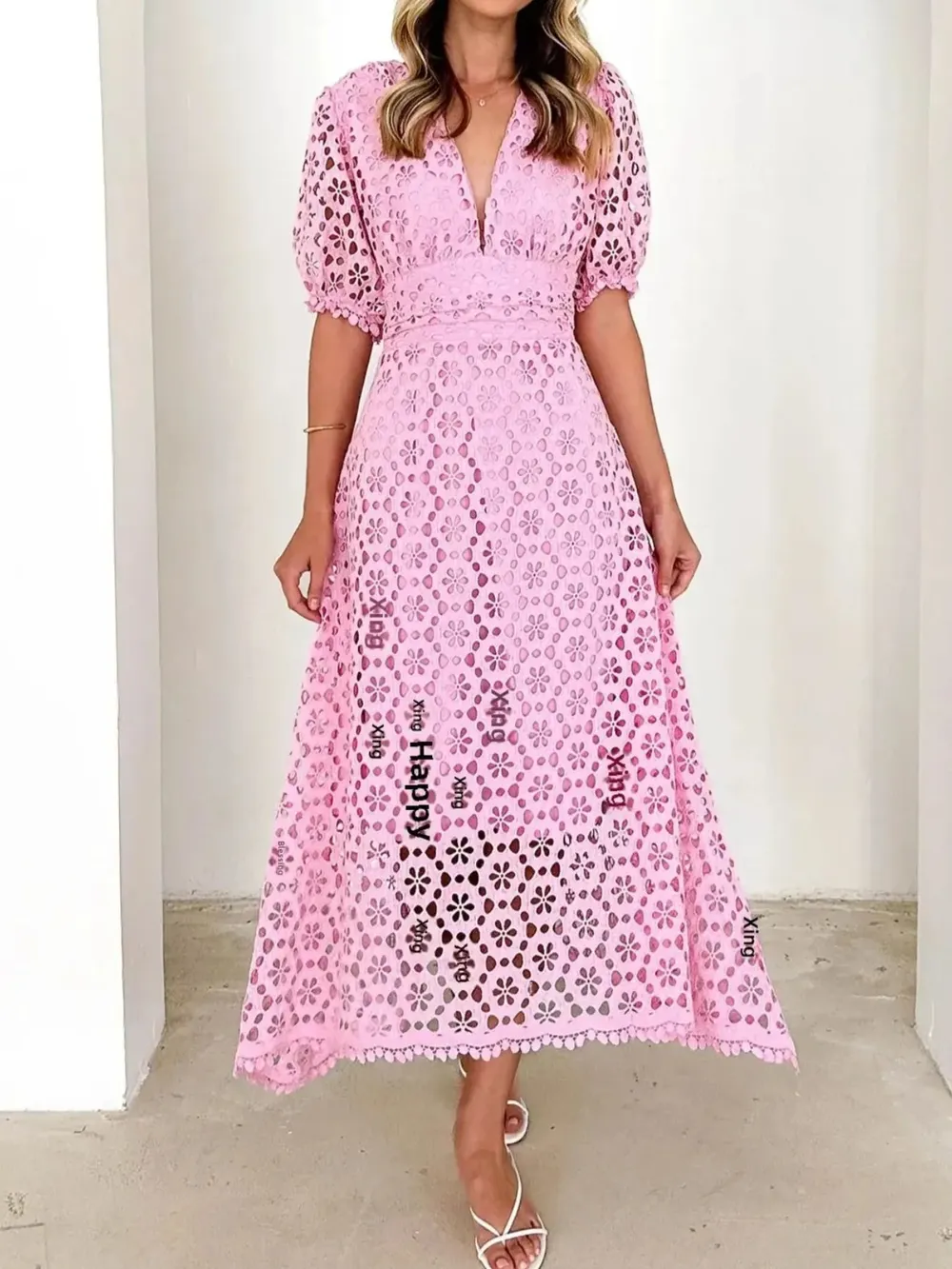Eyelet Lace V-Neck Midi Dress with Puff Sleeves, image 13