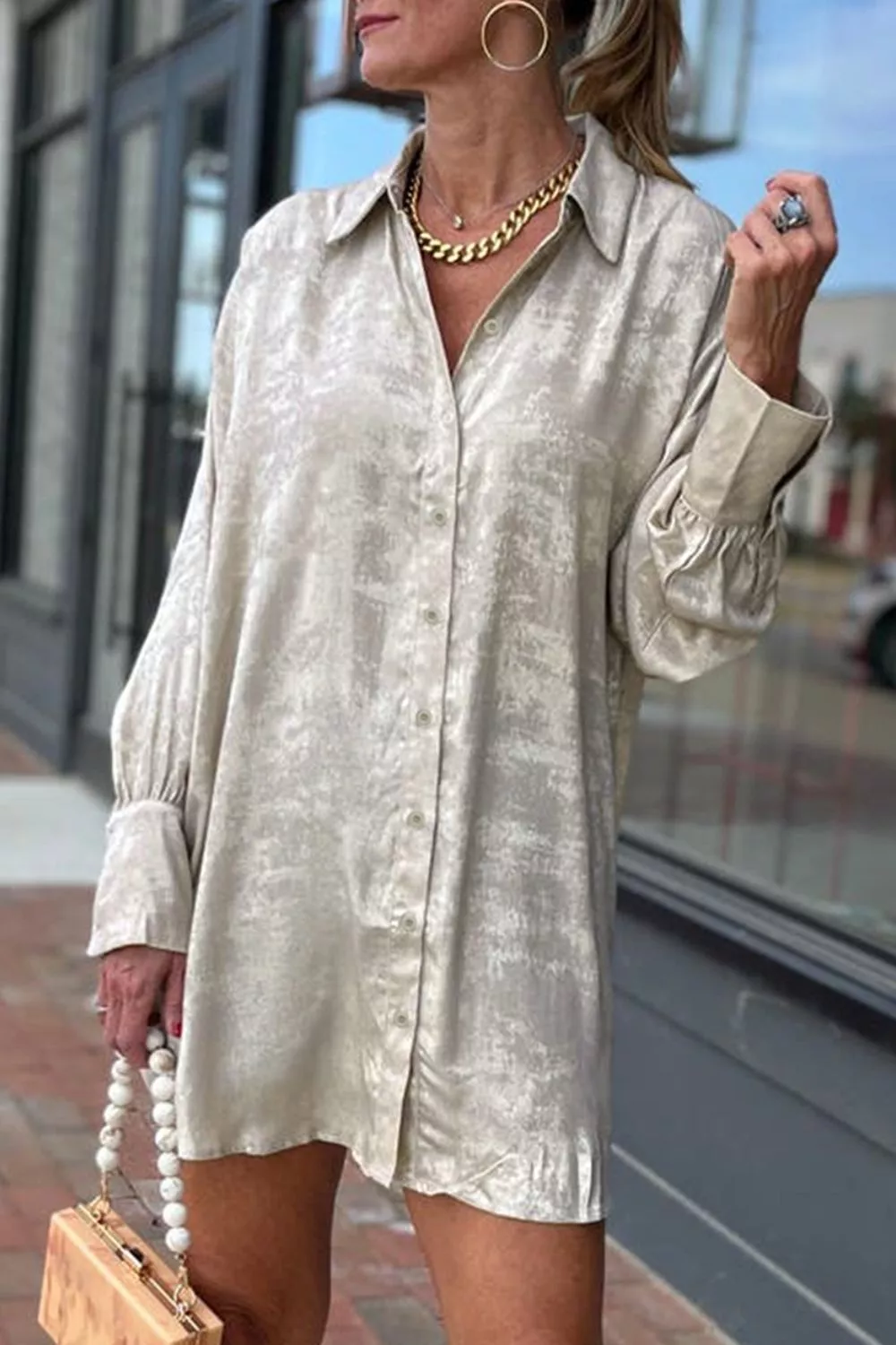 Solid Pattern Mini Length One Piece Long Sleeve Shift Dress, image 2