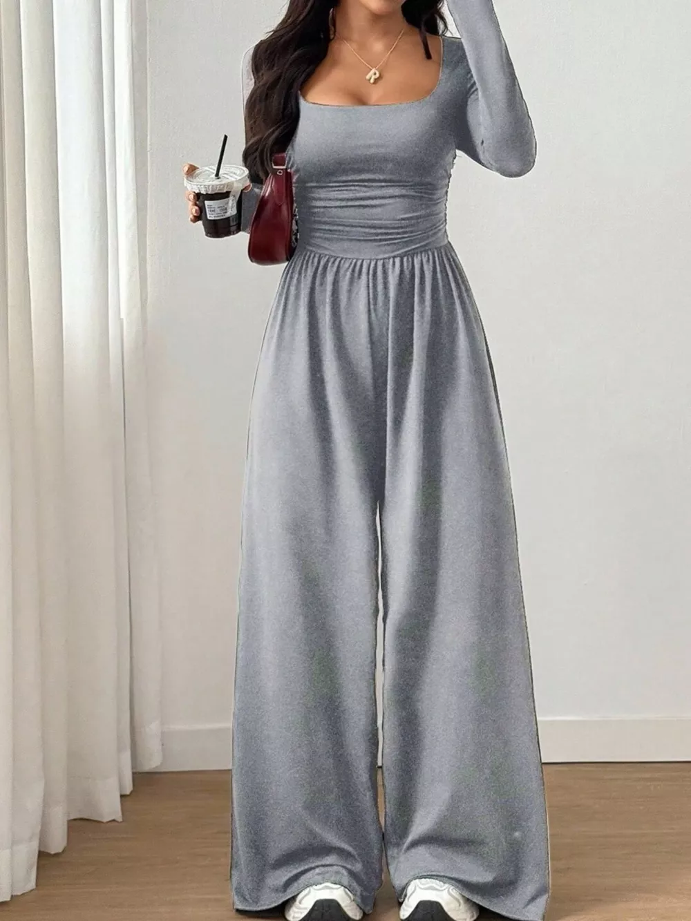 Ruched Square Neck Wide-Leg Jumpsuit, image 8