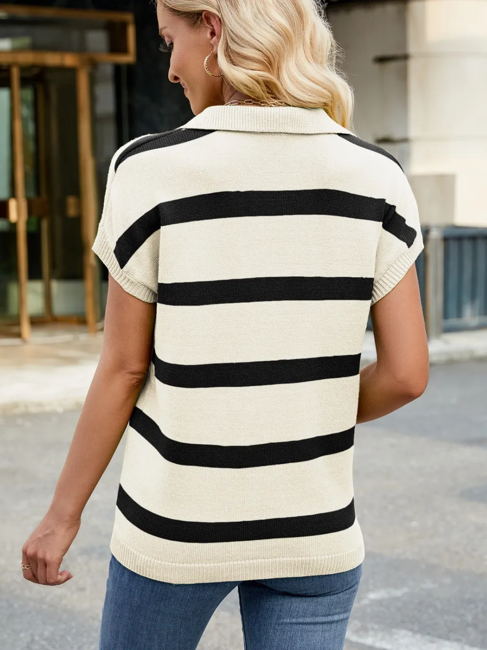 Striped Johnny Collar Cap Sleeve Sweater, image 6