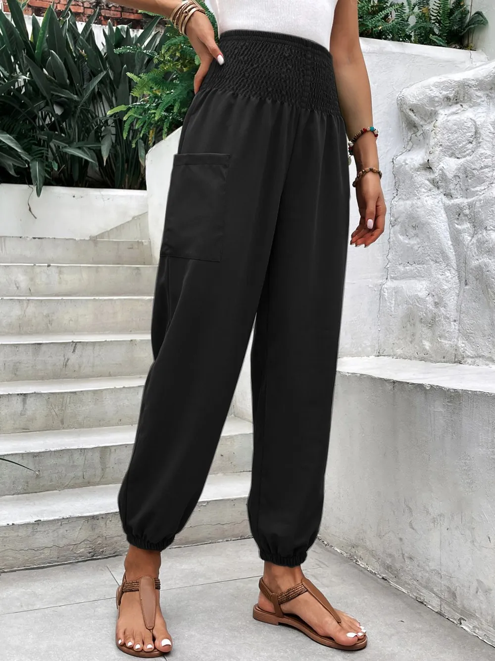 Smocked High Rise Joggers with Pockets, image 2