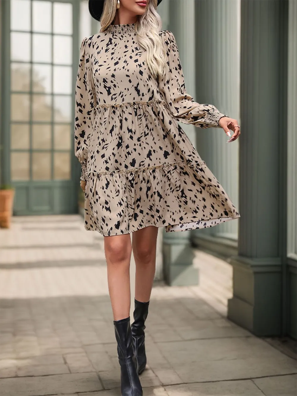 Frill Printed Mock Neck Long Sleeve Mini Dress, image 5