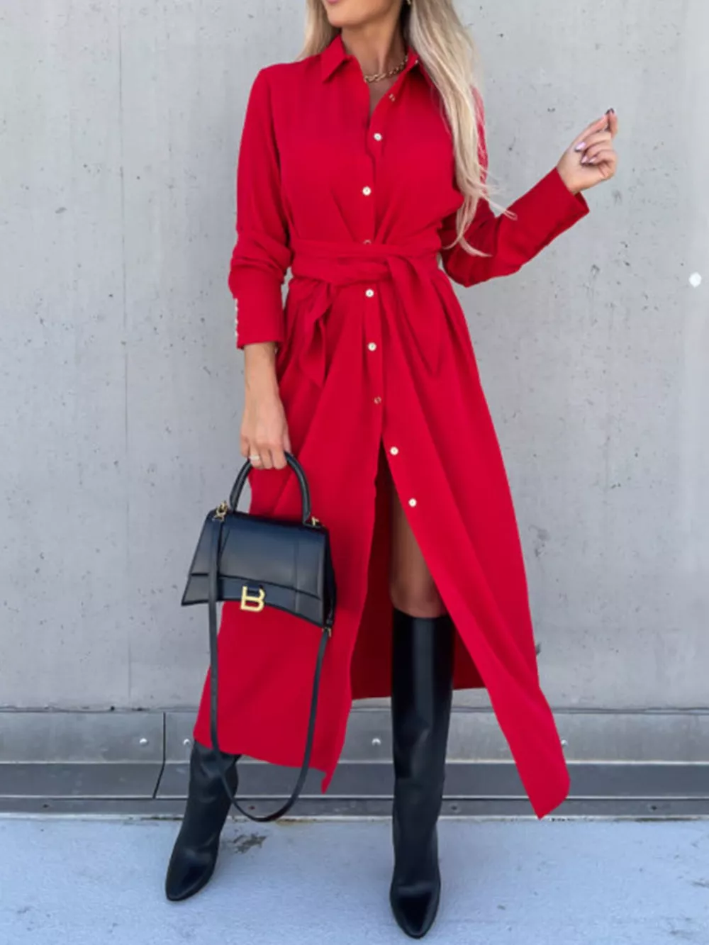 Full Size Tie Waist Long Sleeve Shirt Dress Plus Size, image 9