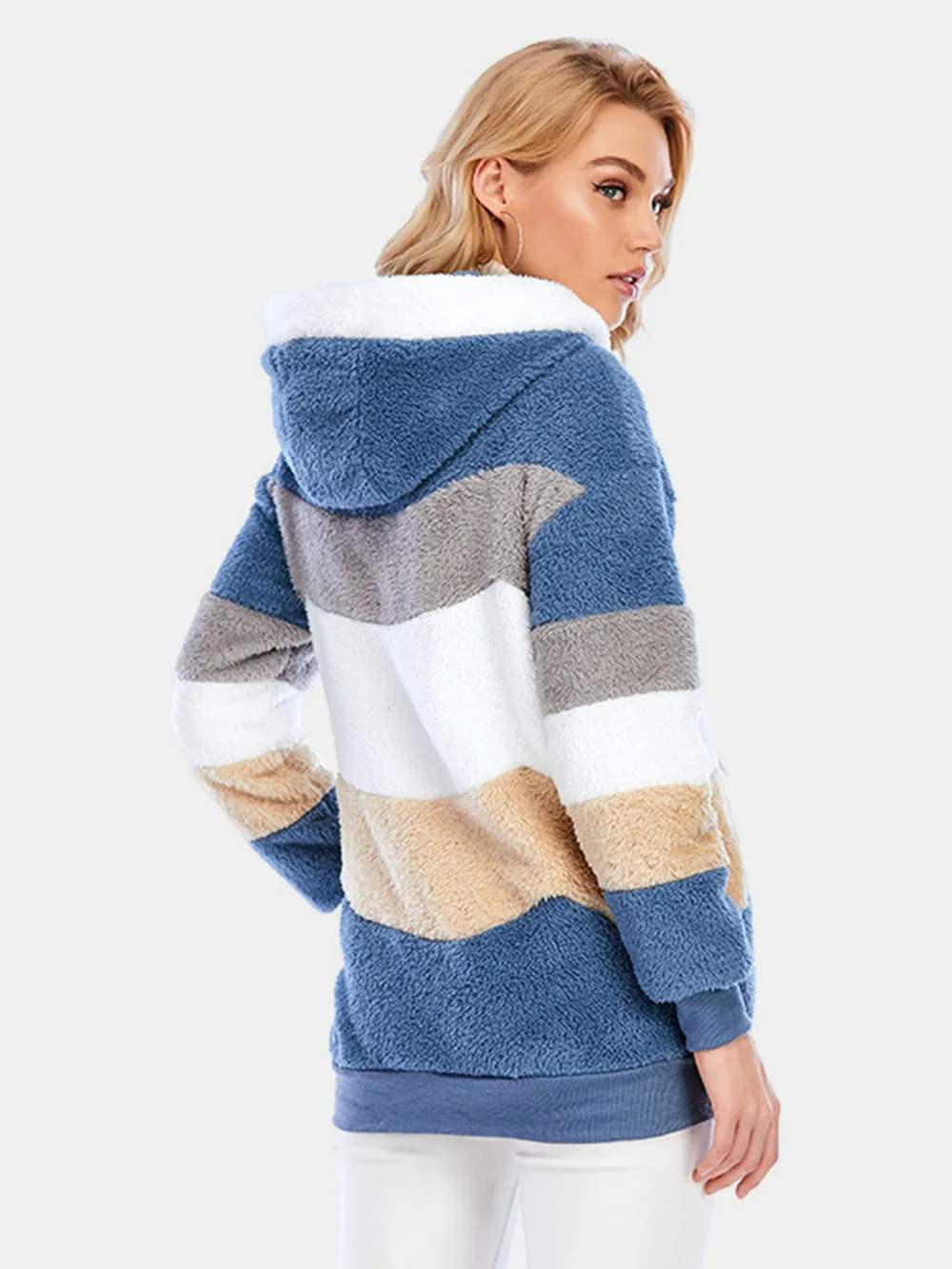 Full Size Drawstring Color Block Zip Up Hooded Outerwear, image 5