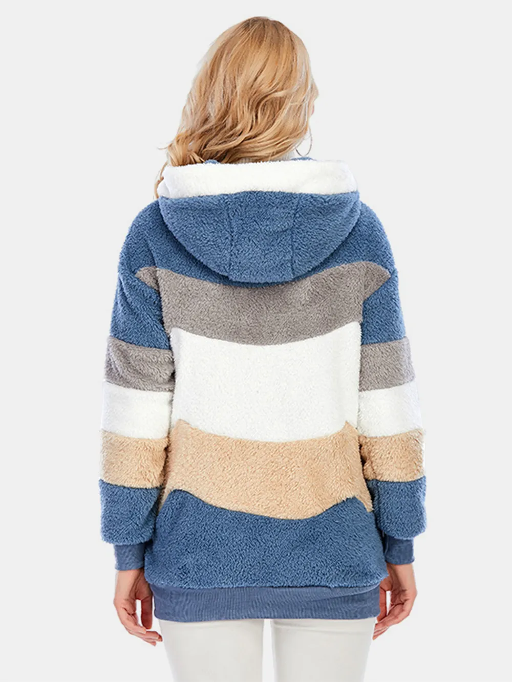 Full Size Drawstring Color Block Zip Up Hooded Outerwear, image 8