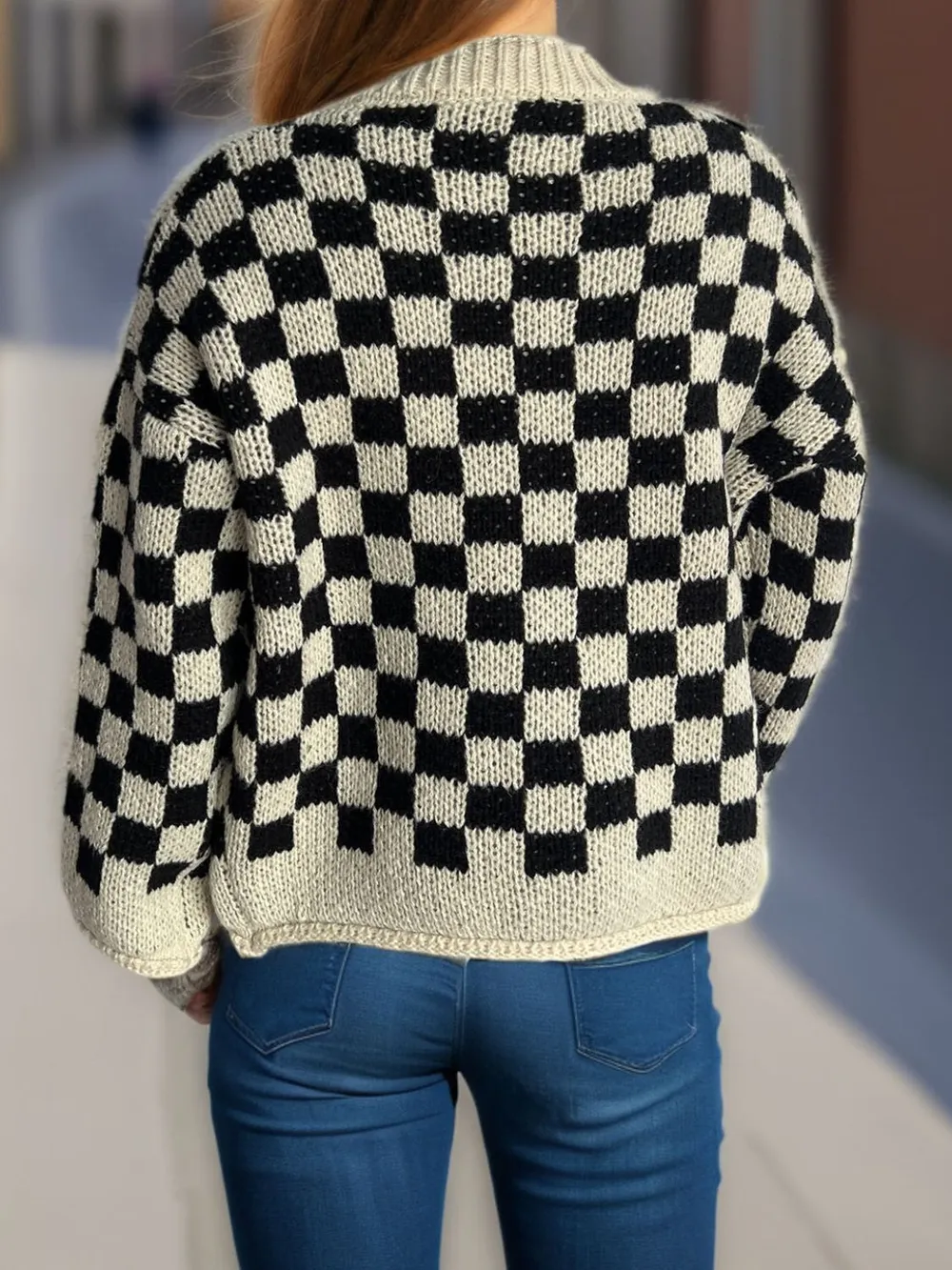Checkered Button Up Round Neck Cardigan, image 2