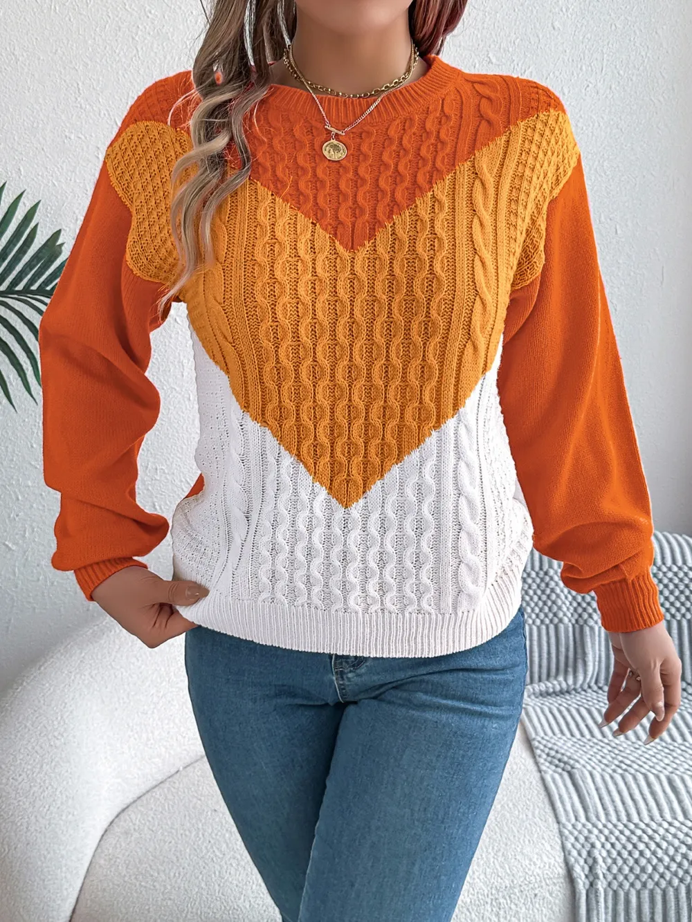 Contrast Round Neck Long Sleeve Sweater, image 12